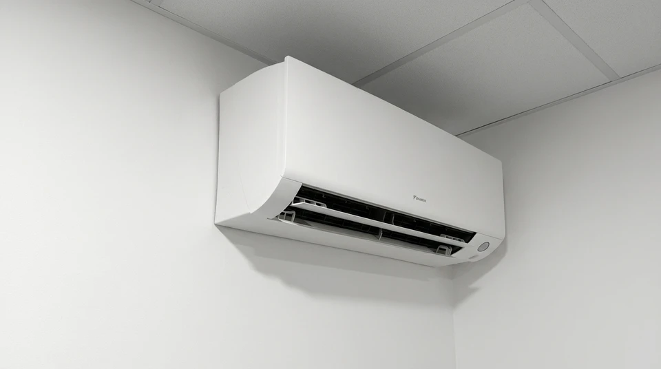 Extérieur d'un bâtiment en briques avec unité extérieure de climatisation fixée au mur